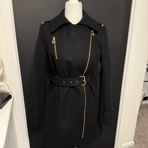 MICHAEL Michael Kors Black Trench Coat with Gold Accents - Picture 3 of 5